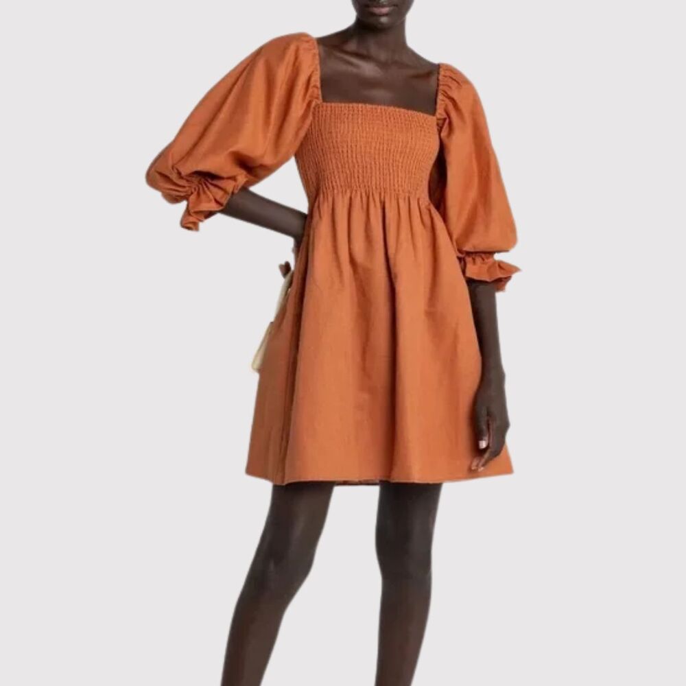 Kourt Portia Dress Orange Flax Smocked Mini Puff Sleeve A Line Babydoll Large